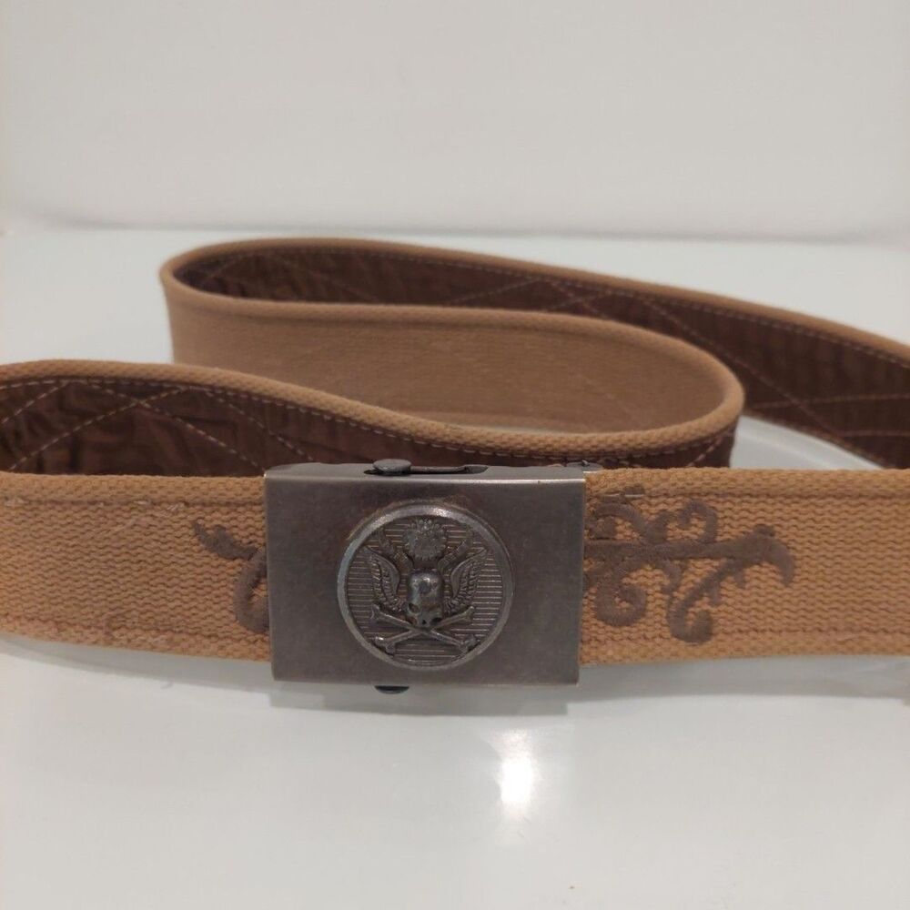 Canvas Ratchet Belt Skull garrison Metal Buckle Sz 42 Tan